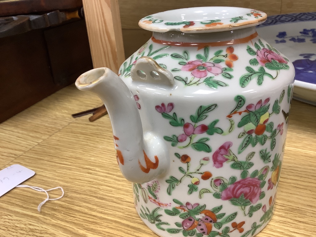 A Chinese famille rose tea pot and a similar jar and cover, tallest 14cm